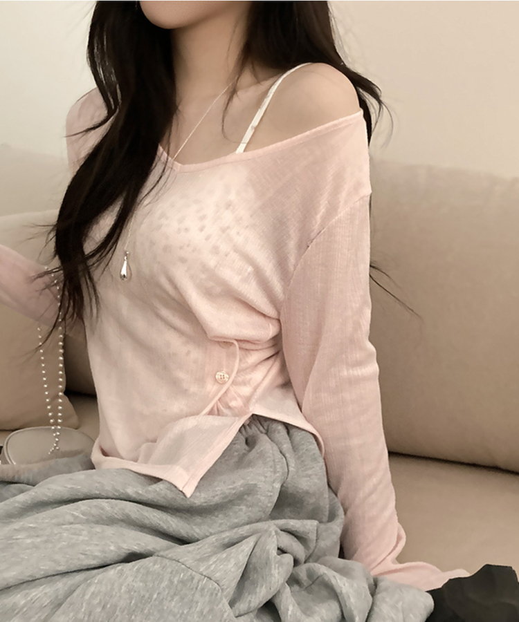 첼로니 살안타템 사이드 투버튼 골지 시스루 여리 긴팔 티셔츠 핑크