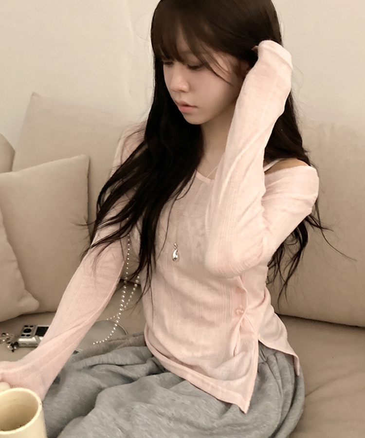 첼로니 살안타템 사이드 투버튼 골지 시스루 여리 긴팔 티셔츠 핑크