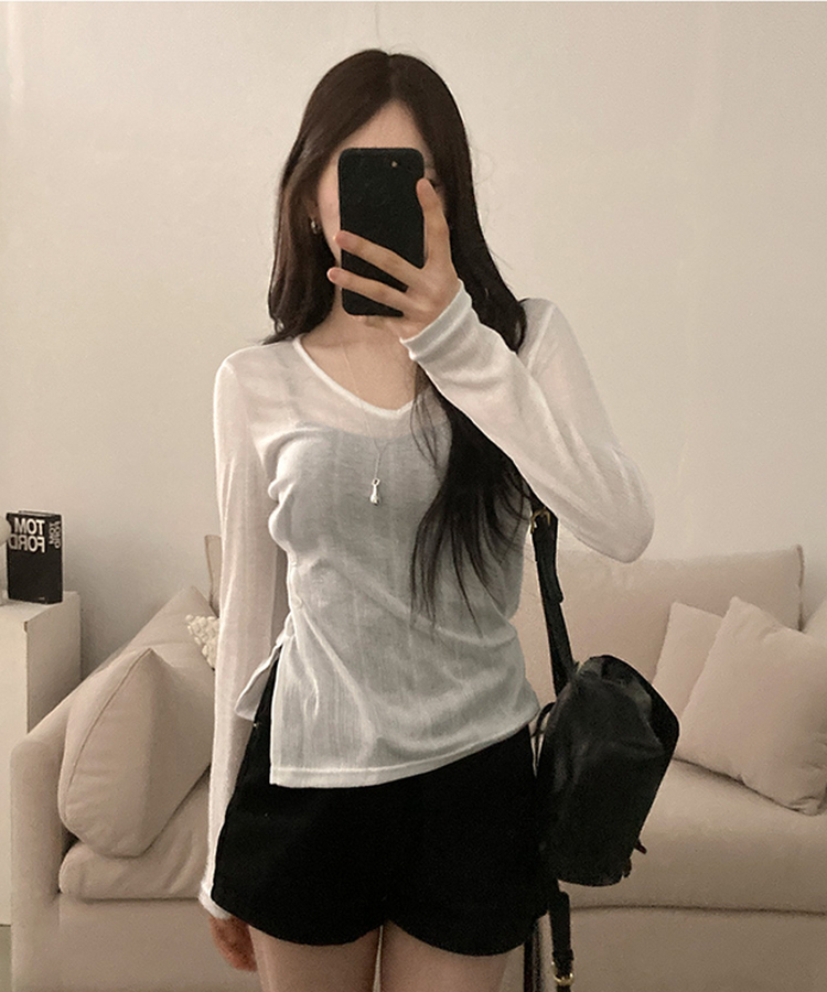 첼로니 살안타템 사이드 투버튼 골지 시스루 여리 긴팔 티셔츠 아이보리