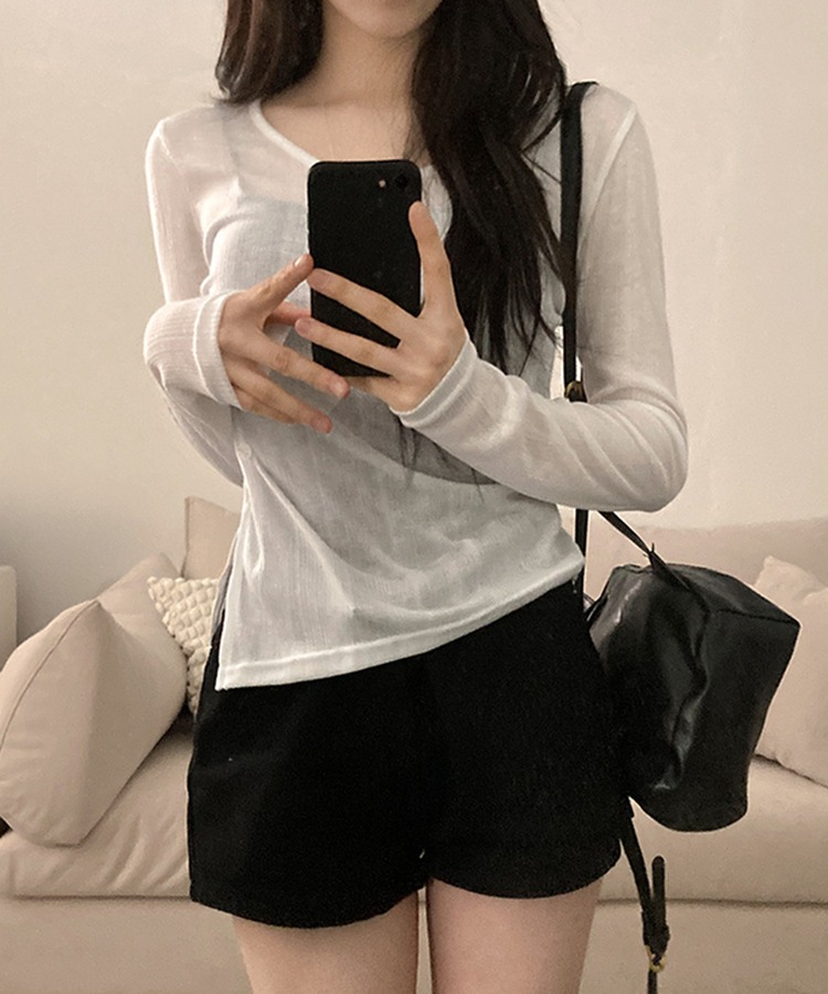 첼로니 살안타템 사이드 투버튼 골지 시스루 여리 긴팔 티셔츠 아이보리