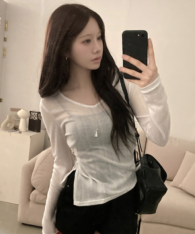 첼로니 살안타템 사이드 투버튼 골지 시스루 여리 긴팔 티셔츠 아이보리