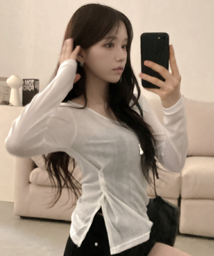 첼로니 살안타템 사이드 투버튼 골지 시스루 여리 긴팔 티셔츠 아이보리