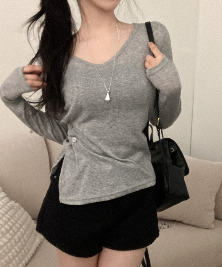 첼로니 살안타템 사이드 투버튼 골지 시스루 여리 긴팔 티셔츠 그레이