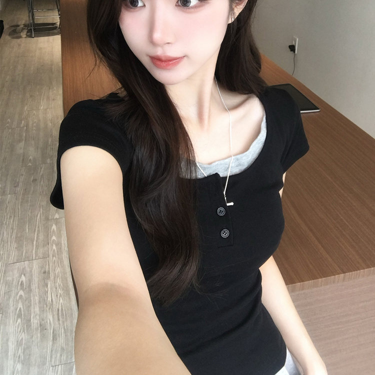 레이어드 효과 드리밍 라운드 배색 여름 반팔 티셔츠 슬림핏 단추 유넥 반팔티 허리잘록 버튼 상의 6color 블랙