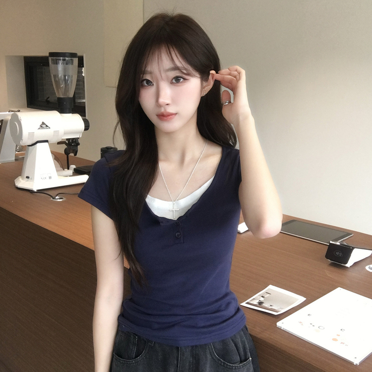 레이어드 효과 드리밍 라운드 배색 여름 반팔 티셔츠 슬림핏 단추 유넥 반팔티 허리잘록 버튼 상의 6color 네이비