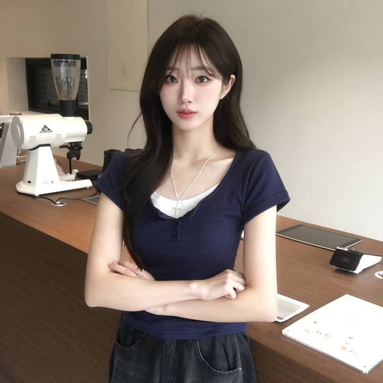 레이어드 효과 드리밍 라운드 배색 여름 반팔 티셔츠 슬림핏 단추 유넥 반팔티 허리잘록 버튼 상의 6color 네이비