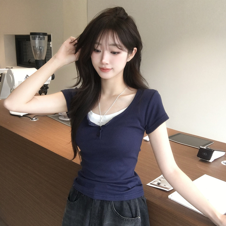 레이어드 효과 드리밍 라운드 배색 여름 반팔 티셔츠 슬림핏 단추 유넥 반팔티 허리잘록 버튼 상의 6color 네이비