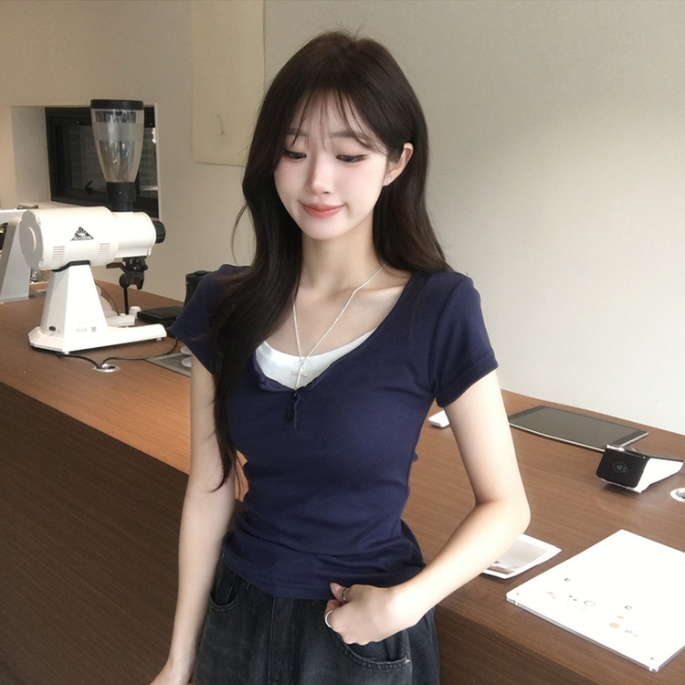 레이어드 효과 드리밍 라운드 배색 여름 반팔 티셔츠 슬림핏 단추 유넥 반팔티 허리잘록 버튼 상의 6color 네이비