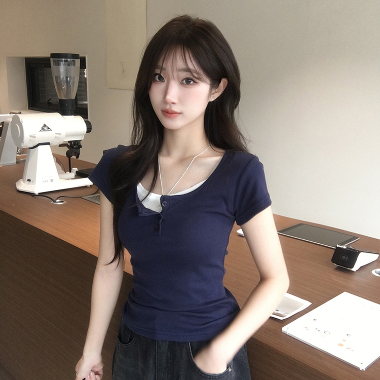 레이어드 효과 드리밍 라운드 배색 여름 반팔 티셔츠 슬림핏 단추 유넥 반팔티 허리잘록 버튼 상의 6color 네이비