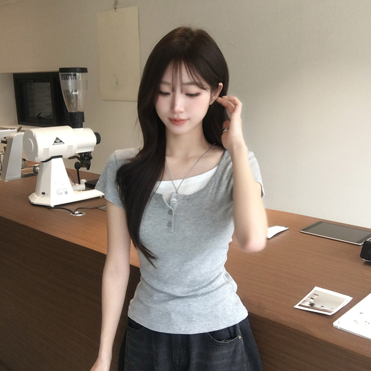 레이어드 효과 드리밍 라운드 배색 여름 반팔 티셔츠 슬림핏 단추 유넥 반팔티 허리잘록 버튼 상의 6color 메란지