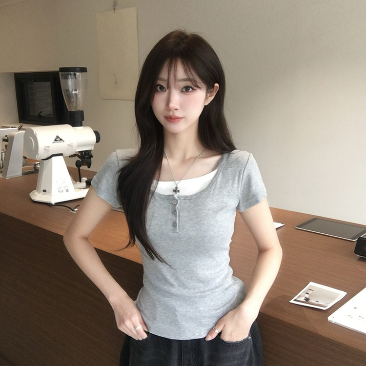 레이어드 효과 드리밍 라운드 배색 여름 반팔 티셔츠 슬림핏 단추 유넥 반팔티 허리잘록 버튼 상의 6color 메란지