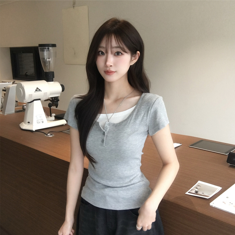 레이어드 효과 드리밍 라운드 배색 여름 반팔 티셔츠 슬림핏 단추 유넥 반팔티 허리잘록 버튼 상의 6color 메란지