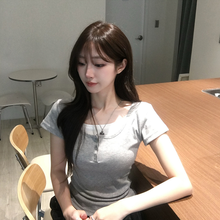 레이어드 효과 드리밍 라운드 배색 여름 반팔 티셔츠 슬림핏 단추 유넥 반팔티 허리잘록 버튼 상의 6color 메란지