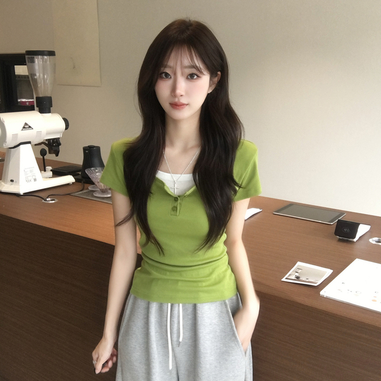 레이어드 효과 드리밍 라운드 배색 여름 반팔 티셔츠 슬림핏 단추 유넥 반팔티 허리잘록 버튼 상의 6color 연두