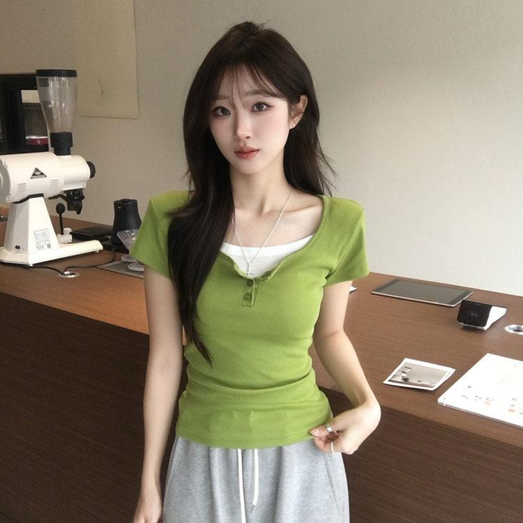 레이어드 효과 드리밍 라운드 배색 여름 반팔 티셔츠 슬림핏 단추 유넥 반팔티 허리잘록 버튼 상의 6color 연두