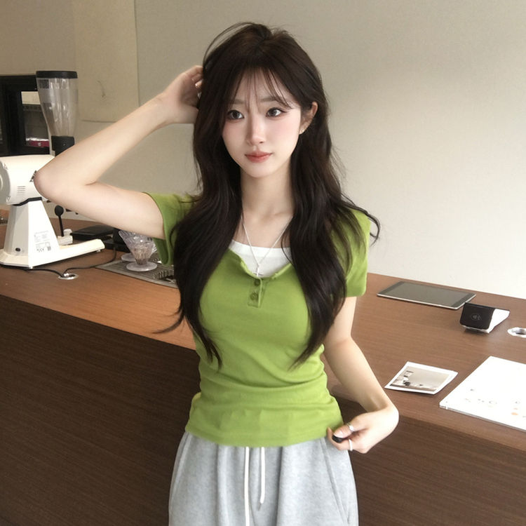 레이어드 효과 드리밍 라운드 배색 여름 반팔 티셔츠 슬림핏 단추 유넥 반팔티 허리잘록 버튼 상의 6color 연두