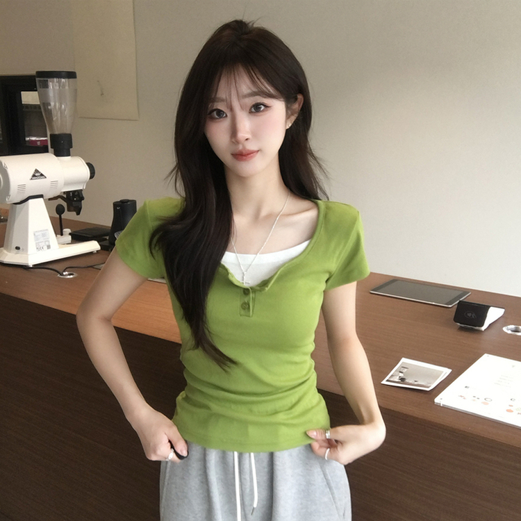 레이어드 효과 드리밍 라운드 배색 여름 반팔 티셔츠 슬림핏 단추 유넥 반팔티 허리잘록 버튼 상의 6color 연두