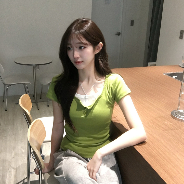 레이어드 효과 드리밍 라운드 배색 여름 반팔 티셔츠 슬림핏 단추 유넥 반팔티 허리잘록 버튼 상의 6color 연두