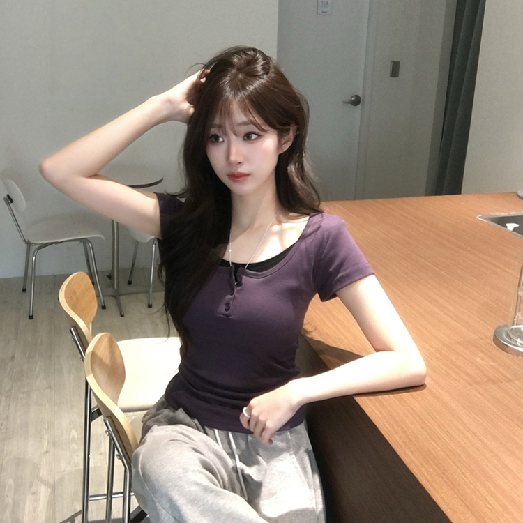 레이어드 효과 드리밍 라운드 배색 여름 반팔 티셔츠 슬림핏 단추 유넥 반팔티 허리잘록 버튼 상의 6color 퍼플
