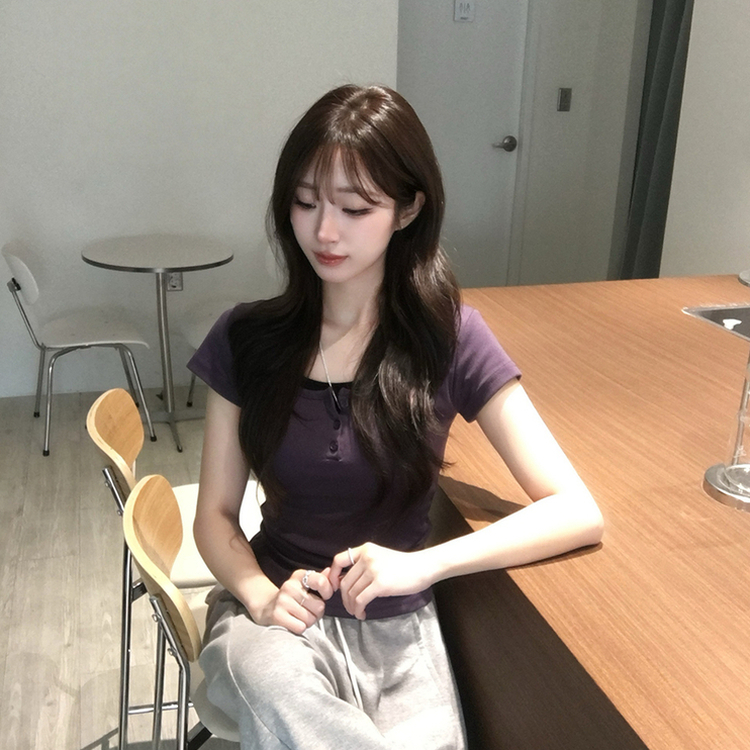 레이어드 효과 드리밍 라운드 배색 여름 반팔 티셔츠 슬림핏 단추 유넥 반팔티 허리잘록 버튼 상의 6color 퍼플