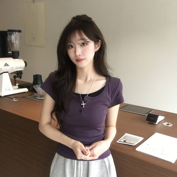 레이어드 효과 드리밍 라운드 배색 여름 반팔 티셔츠 슬림핏 단추 유넥 반팔티 허리잘록 버튼 상의 6color 퍼플