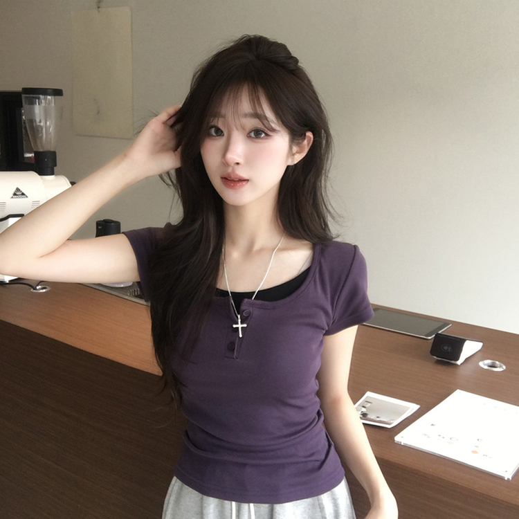 레이어드 효과 드리밍 라운드 배색 여름 반팔 티셔츠 슬림핏 단추 유넥 반팔티 허리잘록 버튼 상의 6color 퍼플