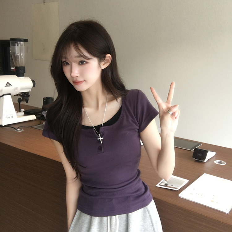 레이어드 효과 드리밍 라운드 배색 여름 반팔 티셔츠 슬림핏 단추 유넥 반팔티 허리잘록 버튼 상의 6color 퍼플