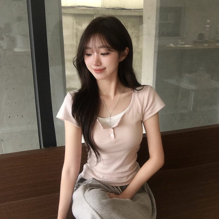 레이어드 효과 드리밍 라운드 배색 여름 반팔 티셔츠 슬림핏 단추 유넥 반팔티 허리잘록 버튼 상의 6color 핑크