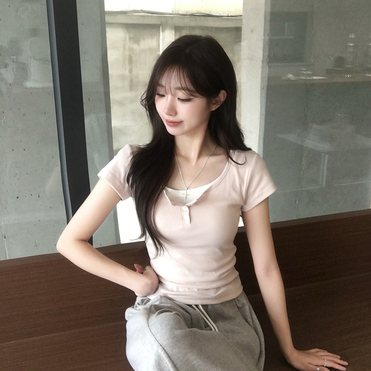 레이어드 효과 드리밍 라운드 배색 여름 반팔 티셔츠 슬림핏 단추 유넥 반팔티 허리잘록 버튼 상의 6color 핑크