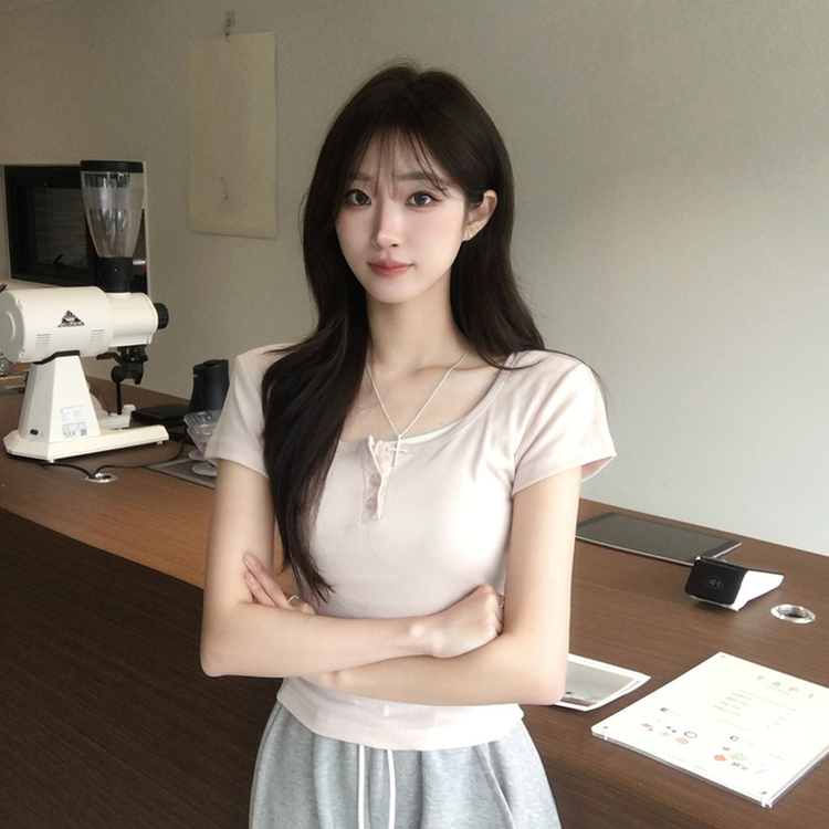 레이어드 효과 드리밍 라운드 배색 여름 반팔 티셔츠 슬림핏 단추 유넥 반팔티 허리잘록 버튼 상의 6color 핑크