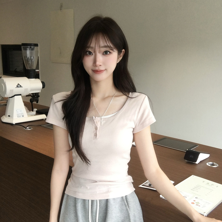 레이어드 효과 드리밍 라운드 배색 여름 반팔 티셔츠 슬림핏 단추 유넥 반팔티 허리잘록 버튼 상의 6color 핑크