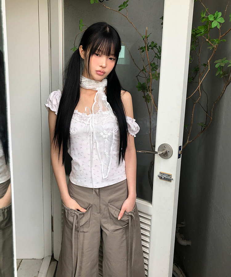 フラワーノースリーブパフブラウス WHITE
