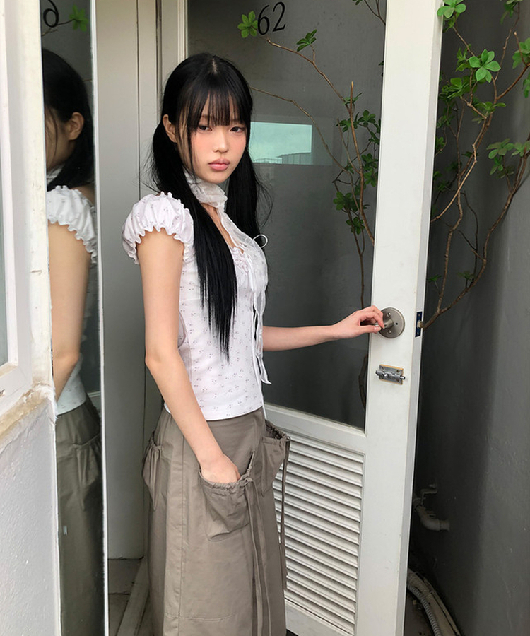 フラワーノースリーブパフブラウス WHITE