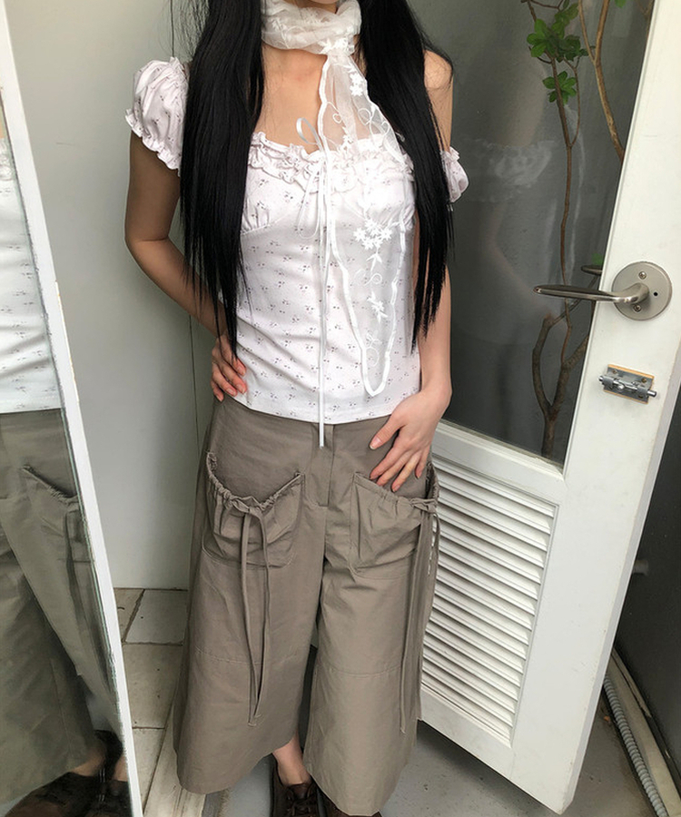 フラワーノースリーブパフブラウス WHITE