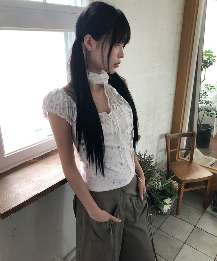 フラワーノースリーブパフブラウス WHITE