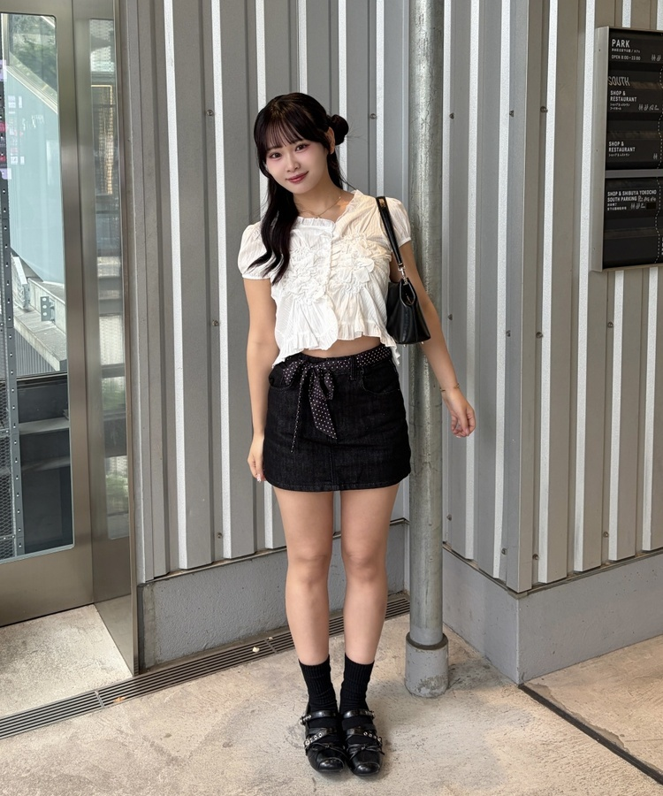 【타이 세트】도트 리본 데님 치마바지 블랙