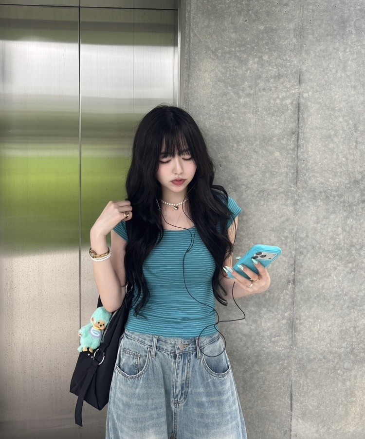 Uネックストライプ半袖Tシャツ TEAL
