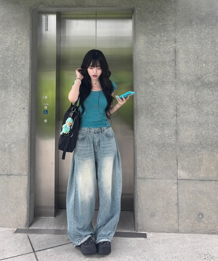 Uネックストライプ半袖Tシャツ TEAL