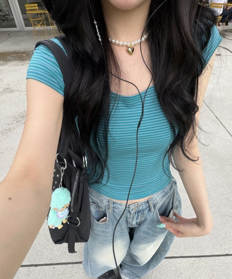 Uネックストライプ半袖Tシャツ TEAL