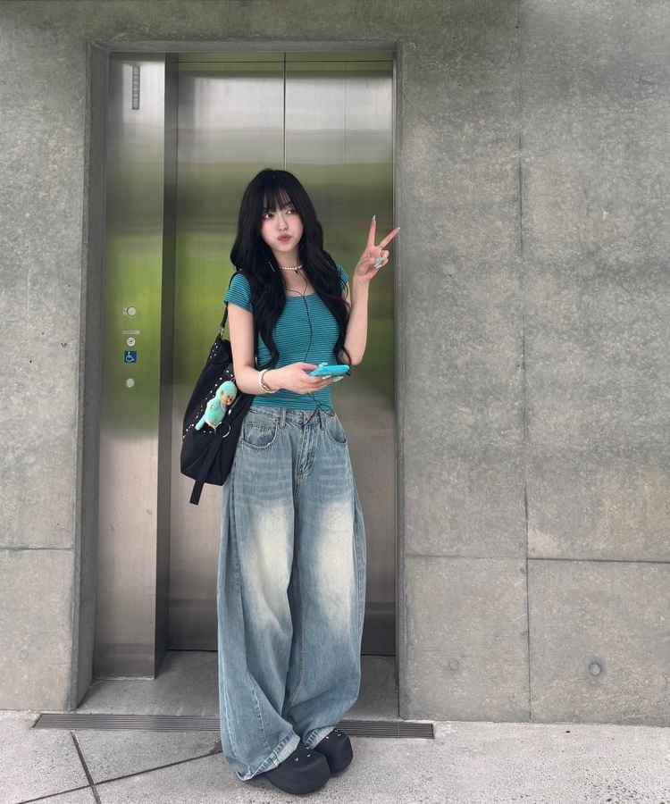 Uネックストライプ半袖Tシャツ TEAL