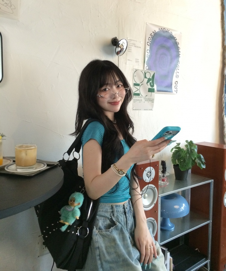 Uネックストライプ半袖Tシャツ TEAL