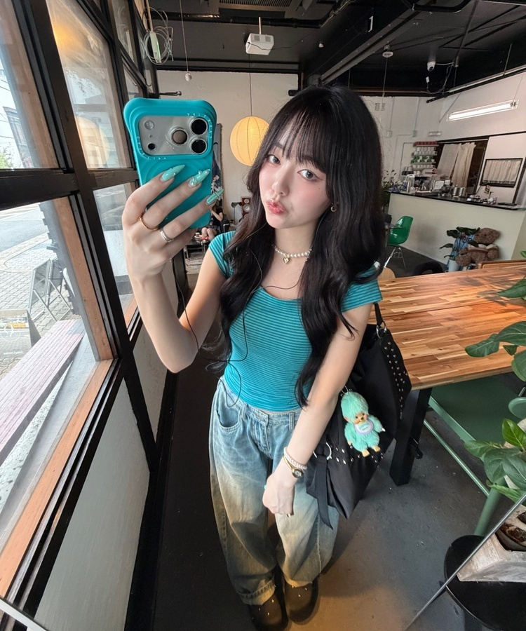 Uネックストライプ半袖Tシャツ TEAL