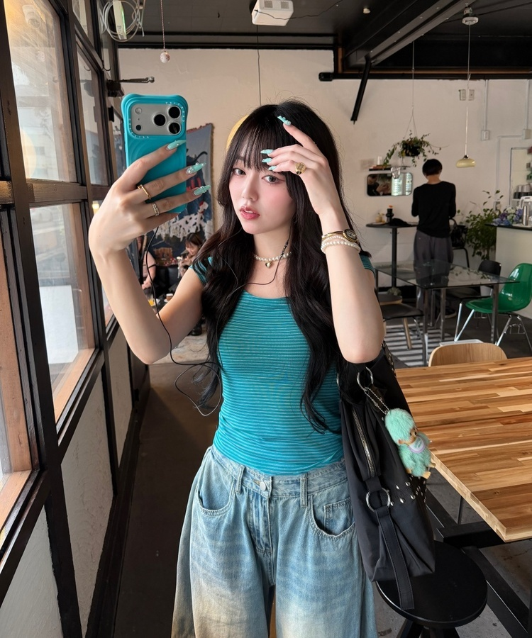Uネックストライプ半袖Tシャツ TEAL