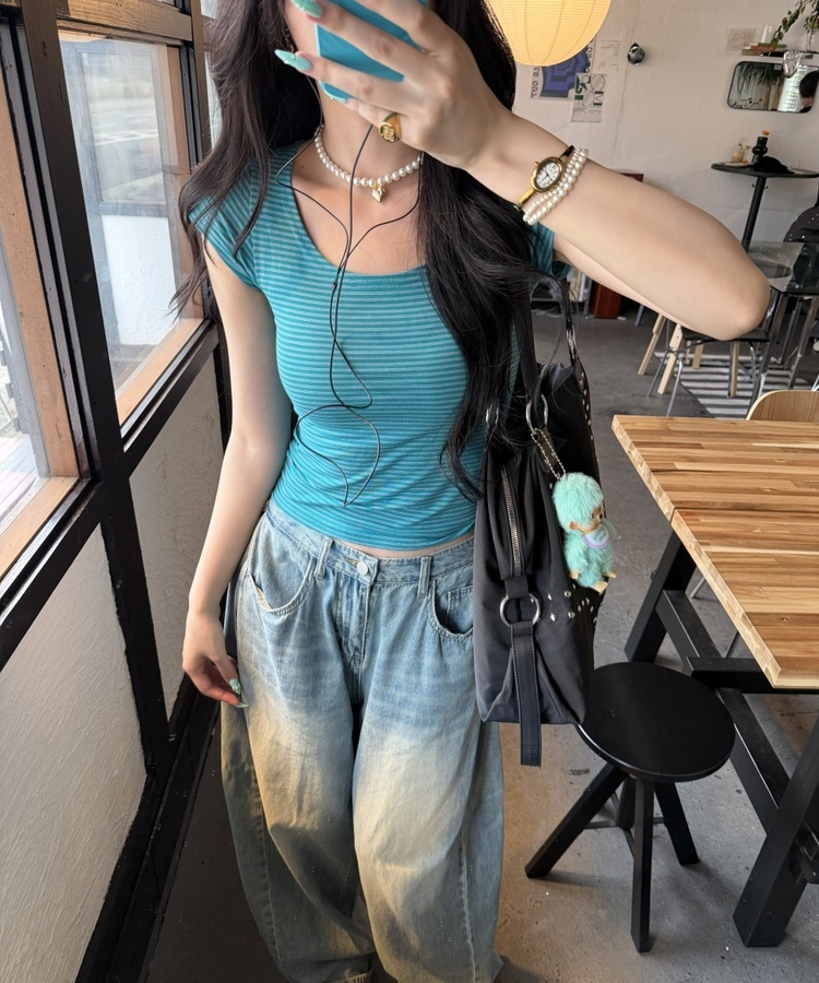 Uネックストライプ半袖Tシャツ TEAL