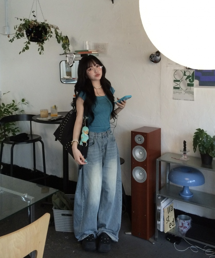 Uネックストライプ半袖Tシャツ TEAL