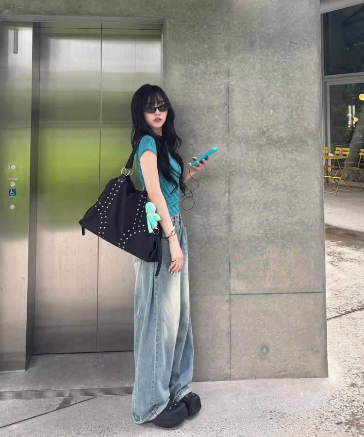 Uネックストライプ半袖Tシャツ TEAL