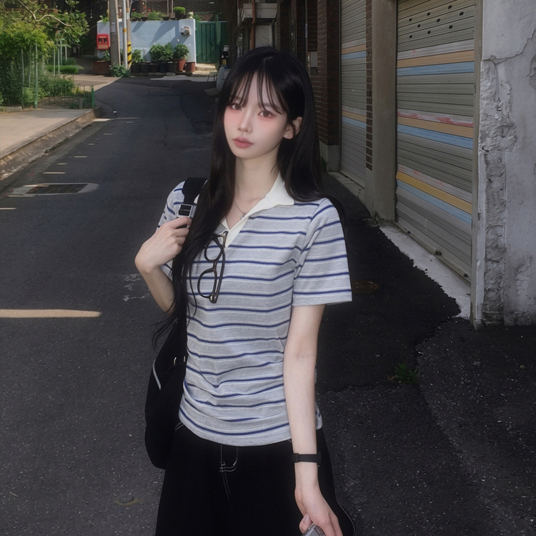 빈티지 스트라이프 루즈핏 카라 단가라 여름 반팔티셔츠 카라티 메란지
