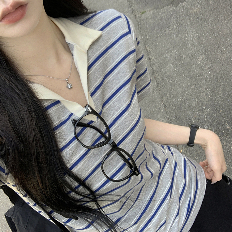 빈티지 스트라이프 루즈핏 카라 단가라 여름 반팔티셔츠 카라티 메란지