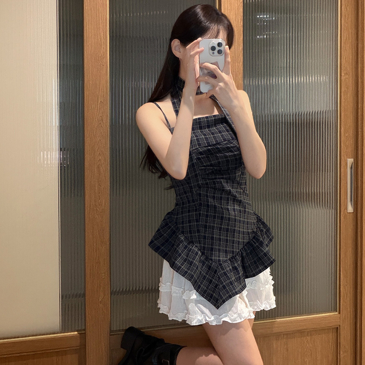 【タイ付き】チェックフリルキャミブラウス NAVY