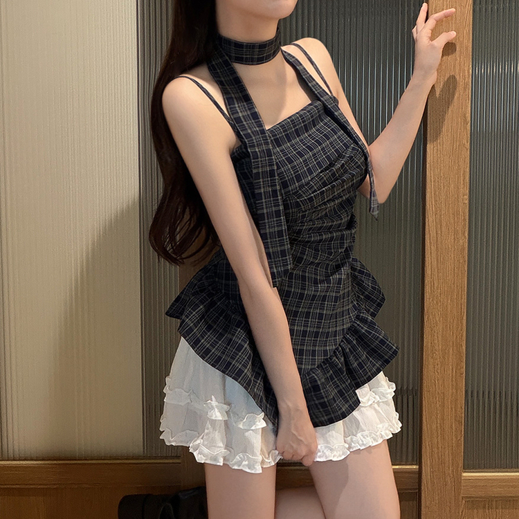 【タイ付き】チェックフリルキャミブラウス NAVY